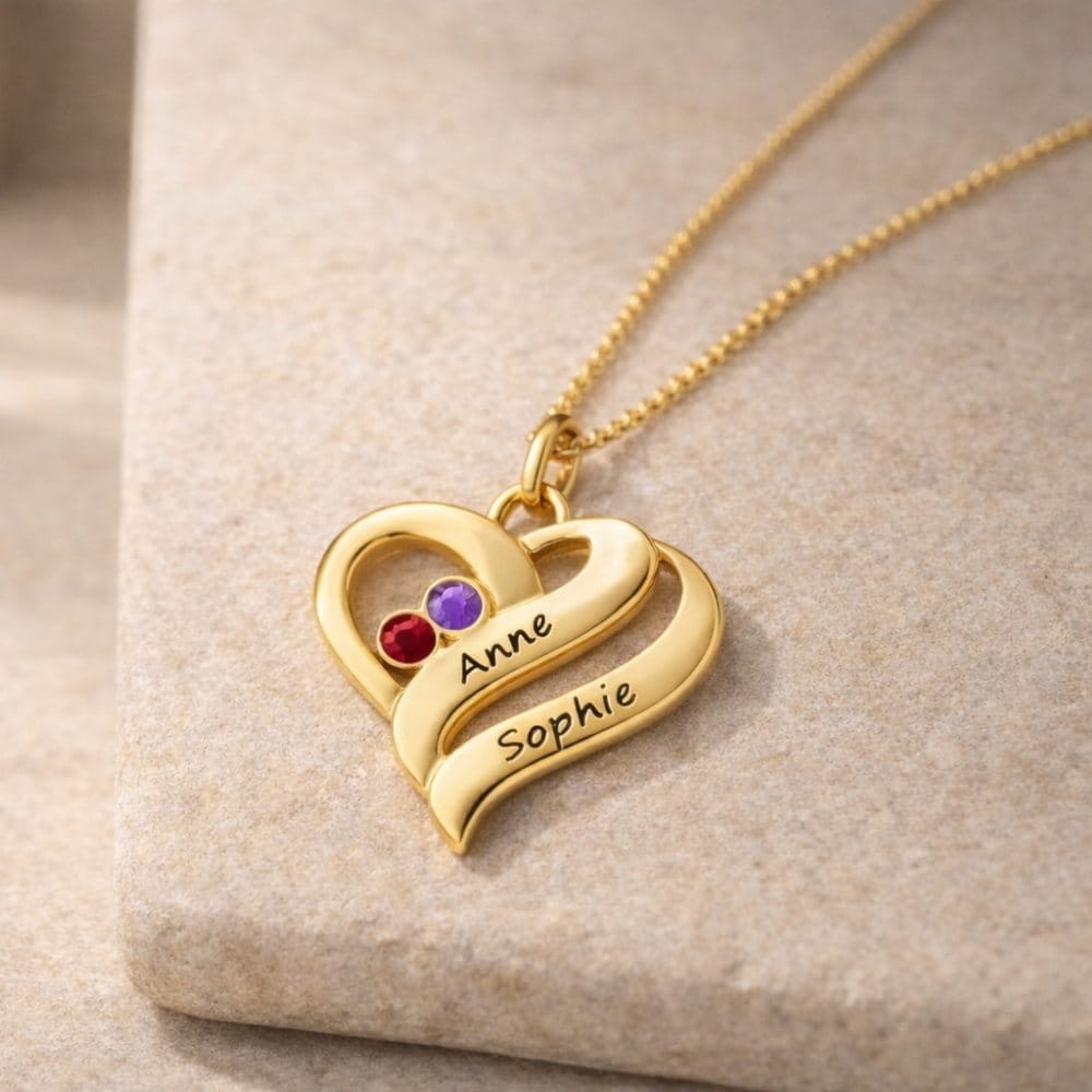 Collana Personalizzata Cuori con Nomi e Pietre Nascita