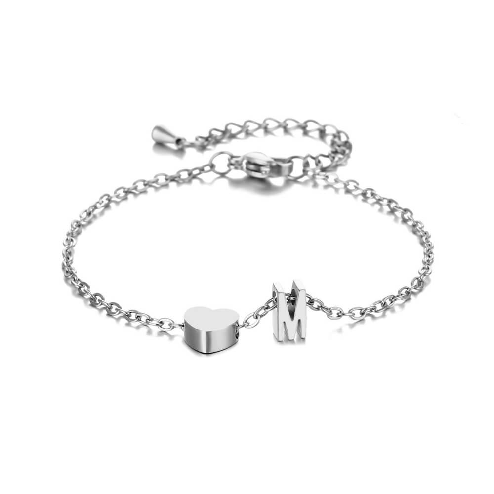 Bracciale Personalizzato con Iniziale e Cuore in Acciaio