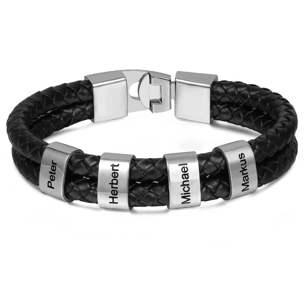 Bracciale Personalizzato Uomo con Nomi in Cuoio e Acciaio
