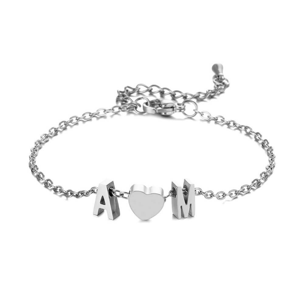 Bracciale Personalizzato con Iniziali e Cuore Acciaio Inox