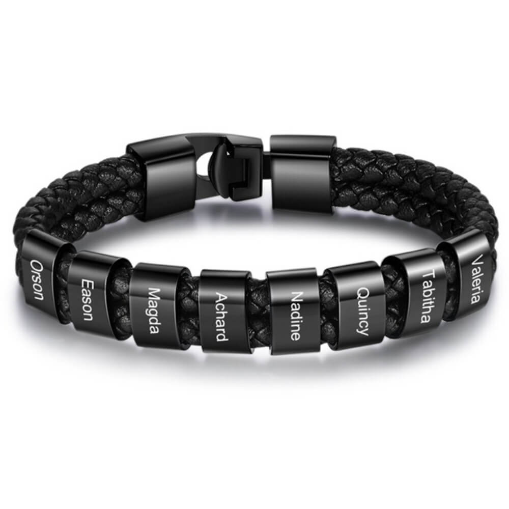 Bracciale Personalizzato Uomo con Nomi in Cuoio e Acciaio