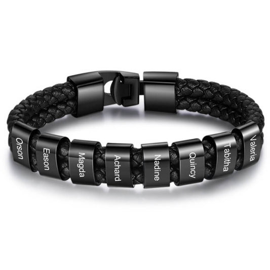 Bracciale Personalizzato Uomo con Nomi in Cuoio e Acciaio