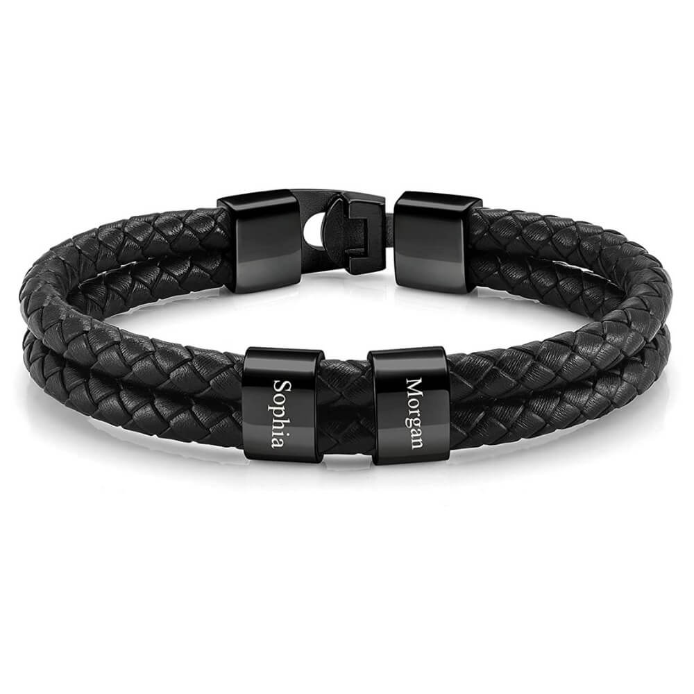 Bracciale Personalizzato Uomo con Nomi in Cuoio e Acciaio