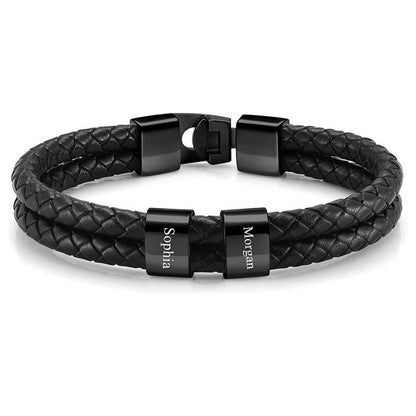 Bracciale Personalizzato Uomo con Nomi in Cuoio e Acciaio