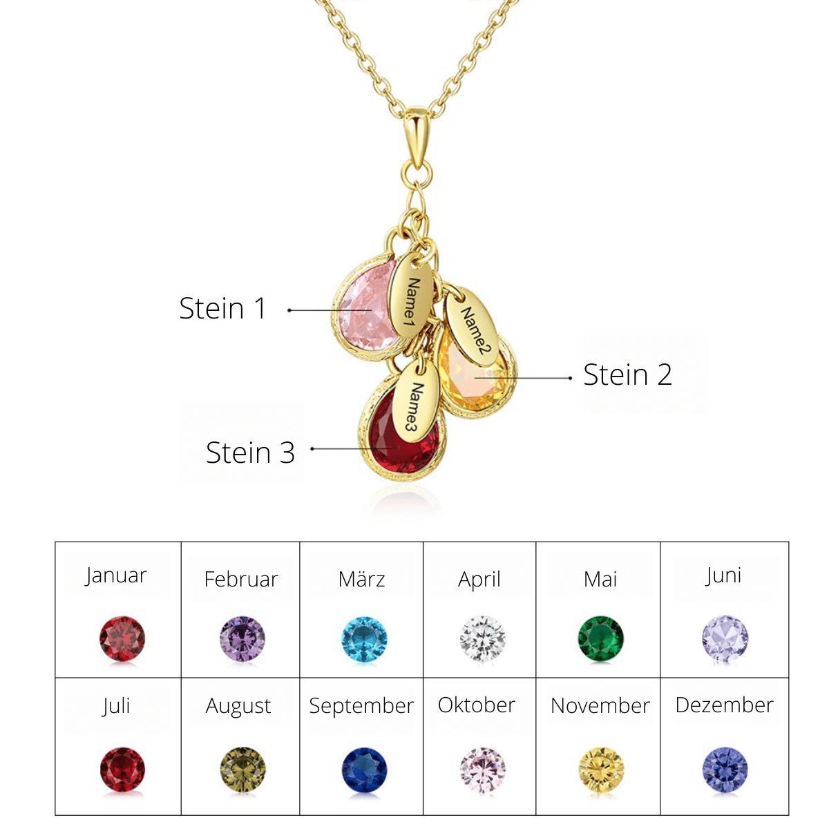 Collana con Nome Inciso e Pietra di Nascita in Acciaio Oro